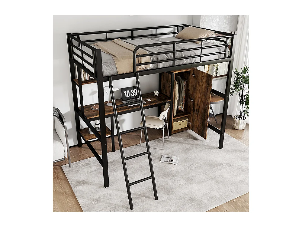 Metalen hoogslaper 90x200 met bureau en kledingkast, veel opbergruimte, met metalen ladder met 5 treden en zwart spaanplaat
