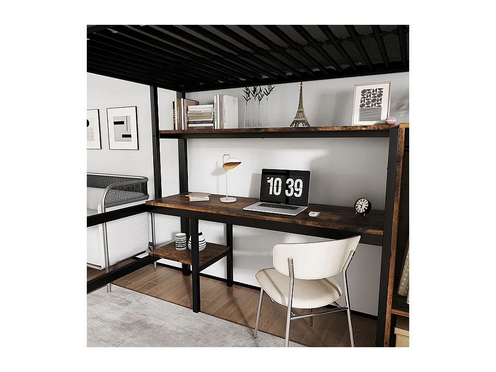 Metalen hoogslaper 90x200 met bureau en kledingkast, veel opbergruimte, met metalen ladder met 5 treden en zwart spaanplaat