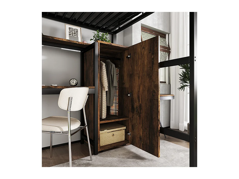 Metalen hoogslaper 90x200 met bureau en kledingkast, veel opbergruimte, met metalen ladder met 5 treden en zwart spaanplaat