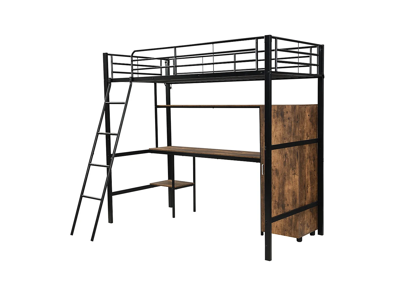 Metalen hoogslaper 90x200 met bureau en kledingkast, veel opbergruimte, met metalen ladder met 5 treden en zwart spaanplaat