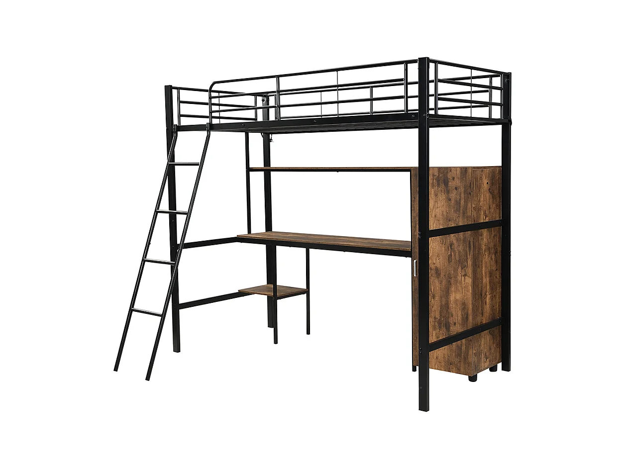 Metalen hoogslaper 90x200 met bureau en kledingkast, veel opbergruimte, met metalen ladder met 5 treden en zwart spaanplaat