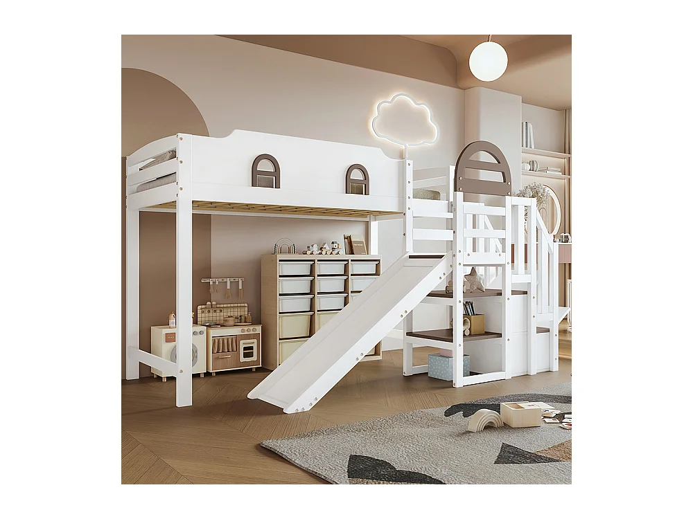 Lit mezzanine 90x200 avec fenêtre et toboggan escaliers avec main courante 2 compartiments intégrés dans les marches en pin et MDF blanc et marron