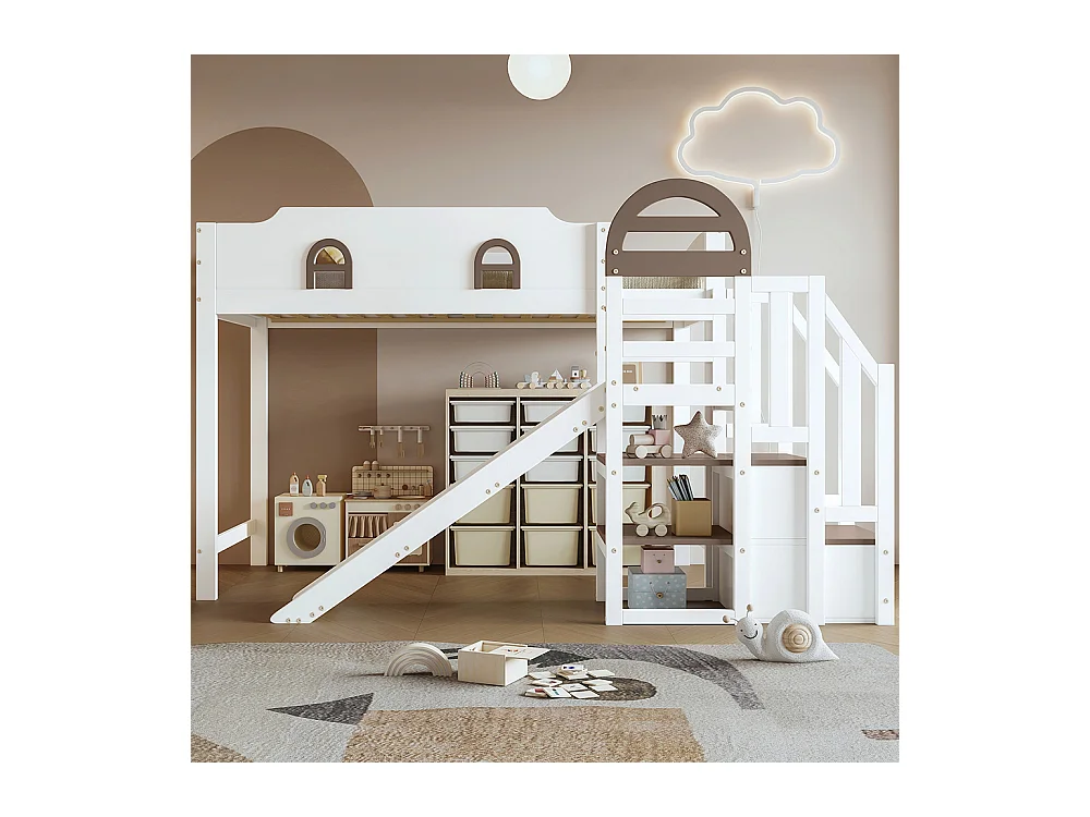 Lit mezzanine 90x200 avec fenêtre et toboggan escaliers avec main courante 2 compartiments intégrés dans les marches en pin et MDF blanc et marron