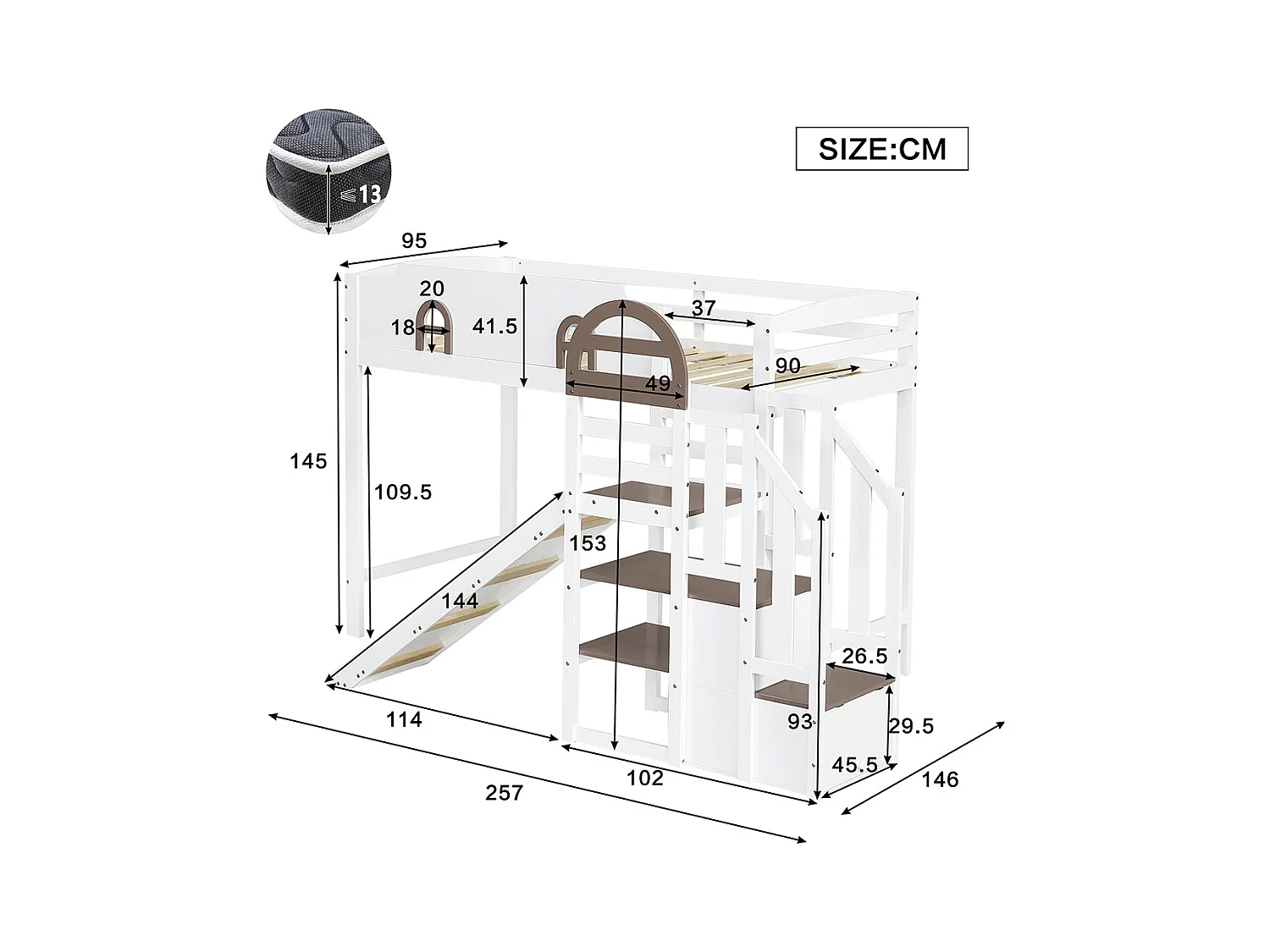 Lit mezzanine 90x200 avec fenêtre et toboggan escaliers avec main courante 2 compartiments intégrés dans les marches en pin et MDF blanc et marron