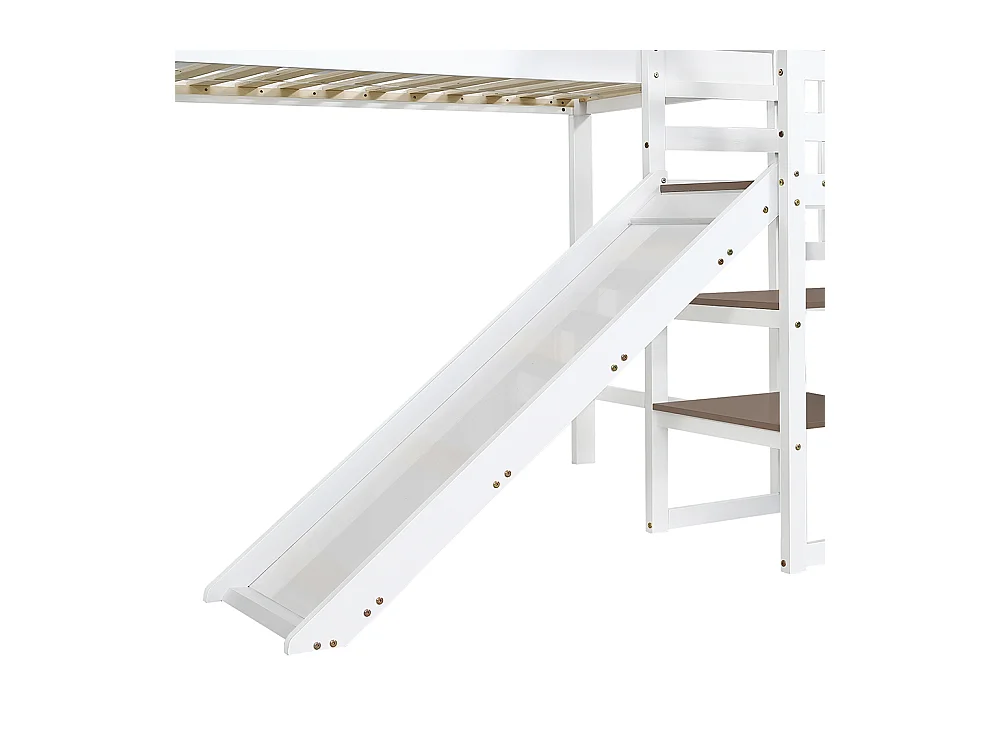 Lit mezzanine 90x200 avec fenêtre et toboggan escaliers avec main courante 2 compartiments intégrés dans les marches en pin et MDF blanc et marron