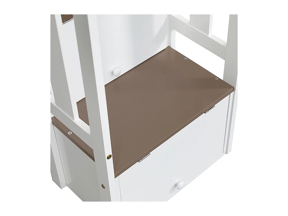 Lit mezzanine 90x200 avec fenêtre et toboggan escaliers avec main courante 2 compartiments intégrés dans les marches en pin et MDF blanc et marron