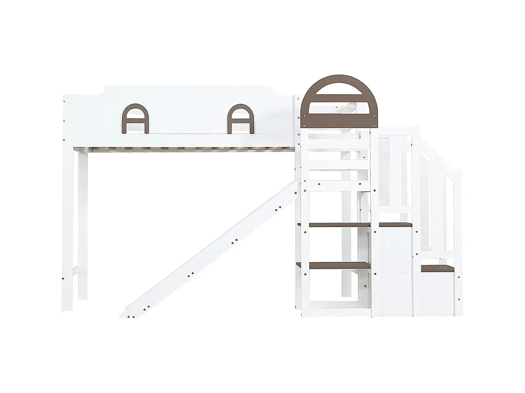 Lit mezzanine 90x200 avec fenêtre et toboggan escaliers avec main courante 2 compartiments intégrés dans les marches en pin et MDF blanc et marron