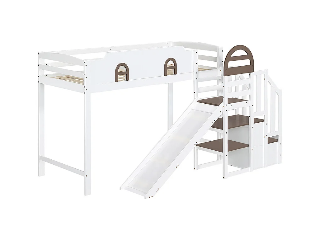 Lit mezzanine 90x200 avec fenêtre et toboggan escaliers avec main courante 2 compartiments intégrés dans les marches en pin et MDF blanc et marron