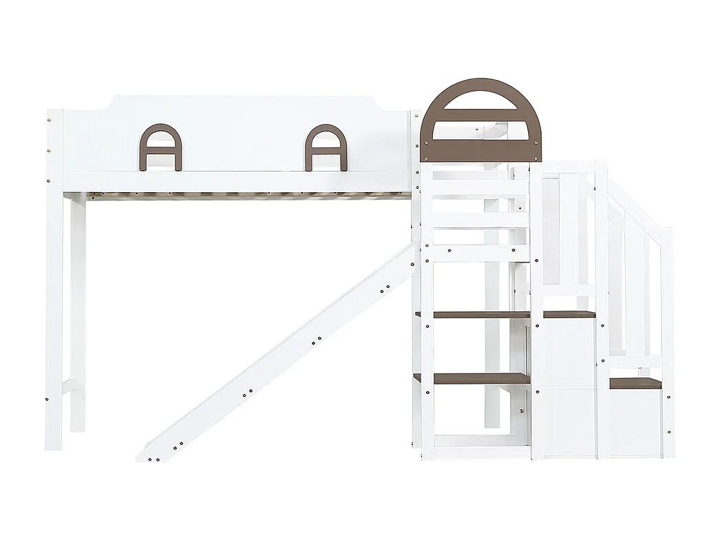 Hoogslaper 90x200 met raam en glijbaan trap met leuning 2 opbergvakken in de treden van grenenhout en wit en bruin MDF