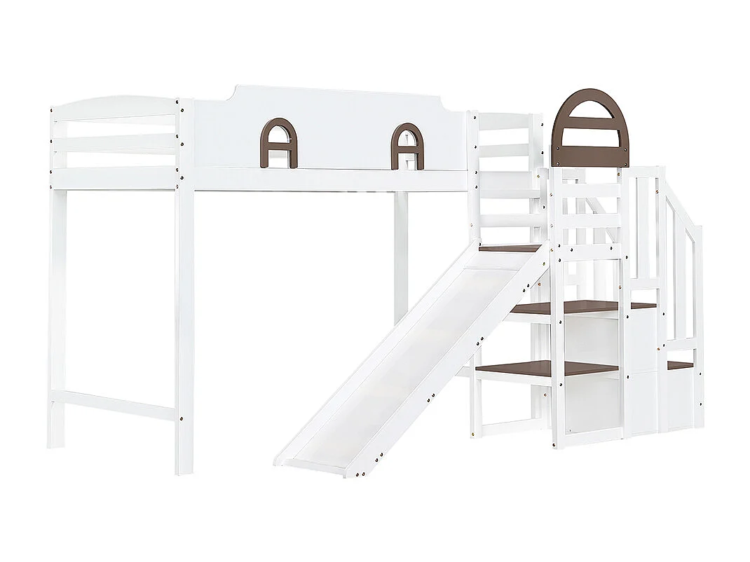 Hoogslaper 90x200 met raam en glijbaan trap met leuning 2 opbergvakken in de treden van grenenhout en wit en bruin MDF