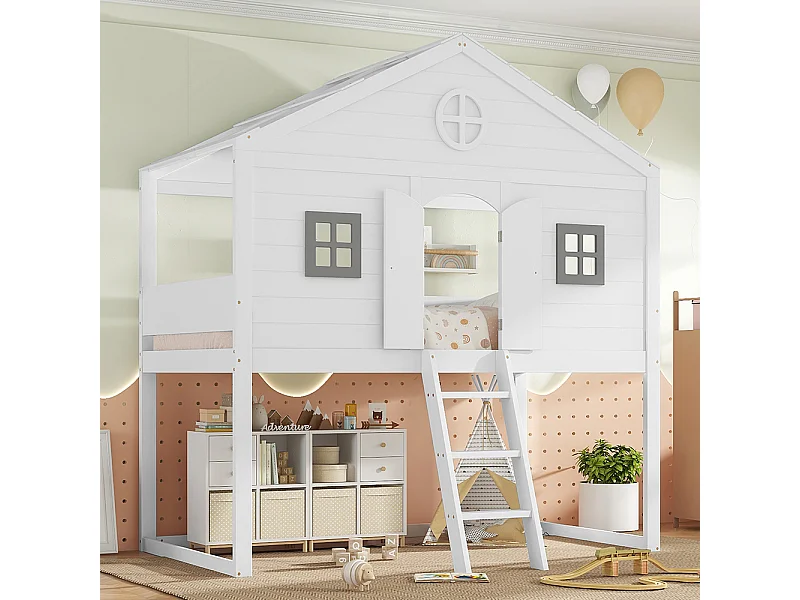 Lit mezzanine 90x200 avec escalier sécurisé barrières de protection 2 fenêtres grises lit enfant avec rangements sous le lit en pin et MDF blanc et gris