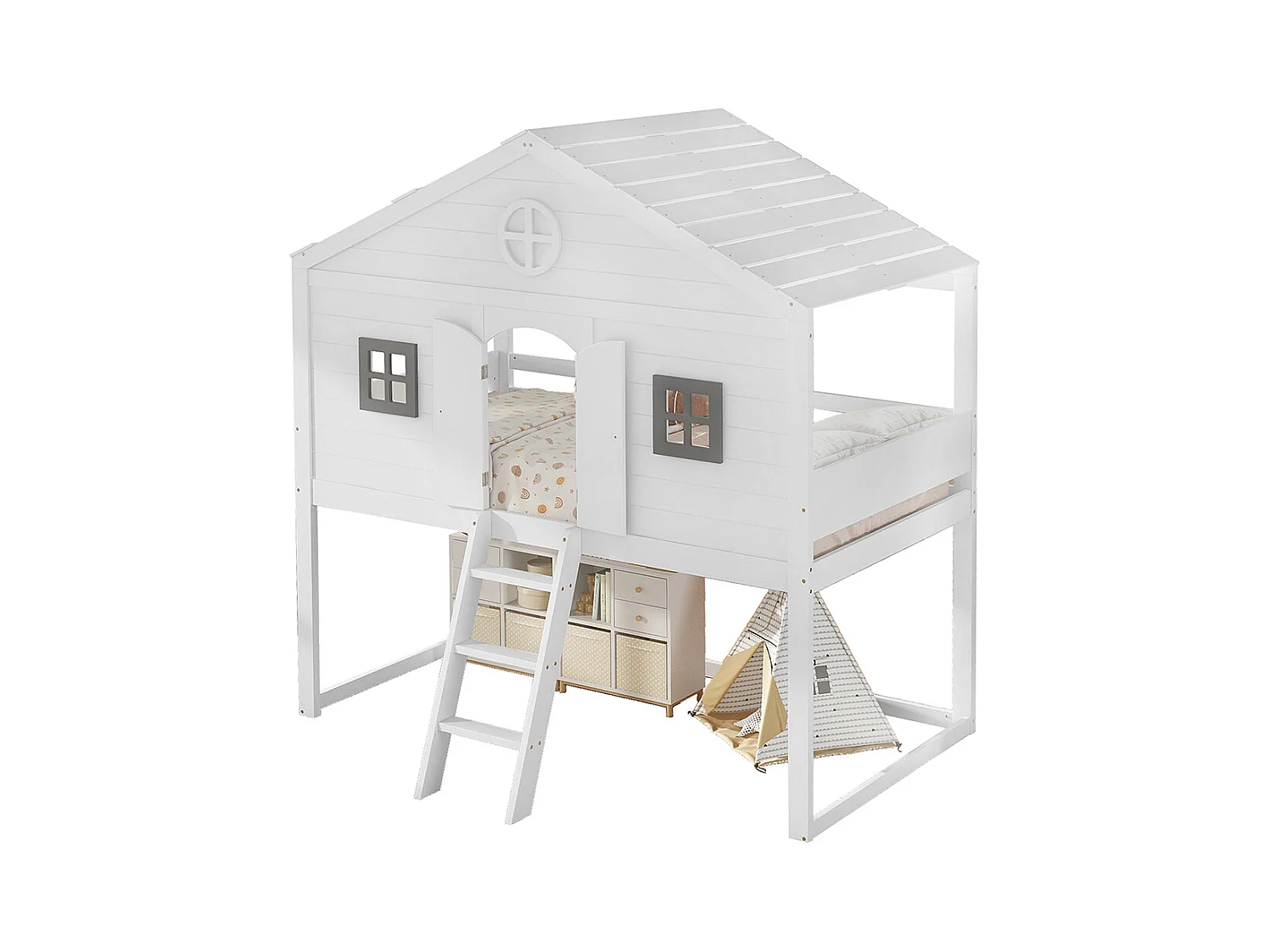 Lit mezzanine 90x200 avec escalier sécurisé barrières de protection 2 fenêtres grises lit enfant avec rangements sous le lit en pin et MDF blanc et gris