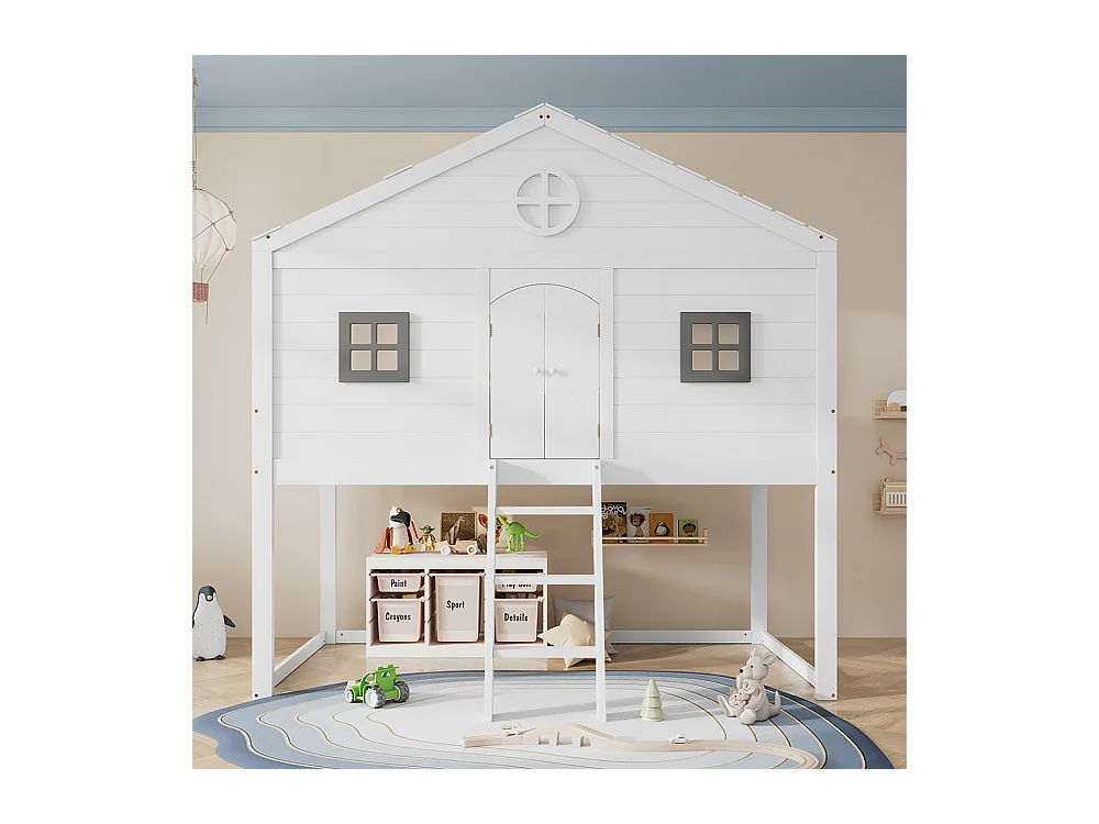 Lit mezzanine 90x200 avec escalier sécurisé barrières de protection 2 fenêtres grises lit enfant avec rangements sous le lit en pin et MDF blanc et gris