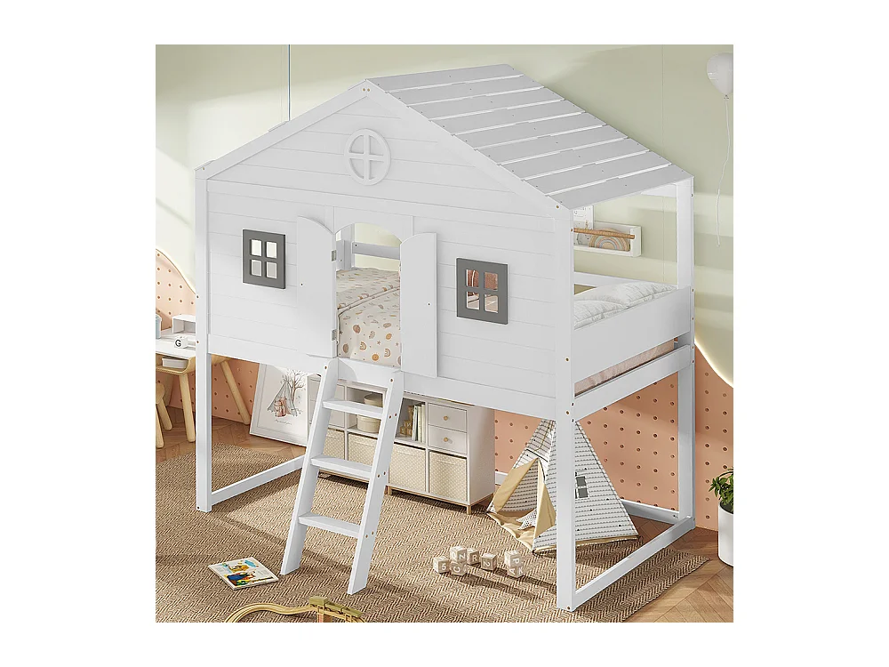Lit mezzanine 90x200 avec escalier sécurisé barrières de protection 2 fenêtres grises lit enfant avec rangements sous le lit en pin et MDF blanc et gris