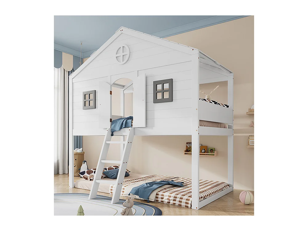 Lit mezzanine 90x200 avec escalier sécurisé barrières de protection 2 fenêtres grises lit enfant avec rangements sous le lit en pin et MDF blanc et gris