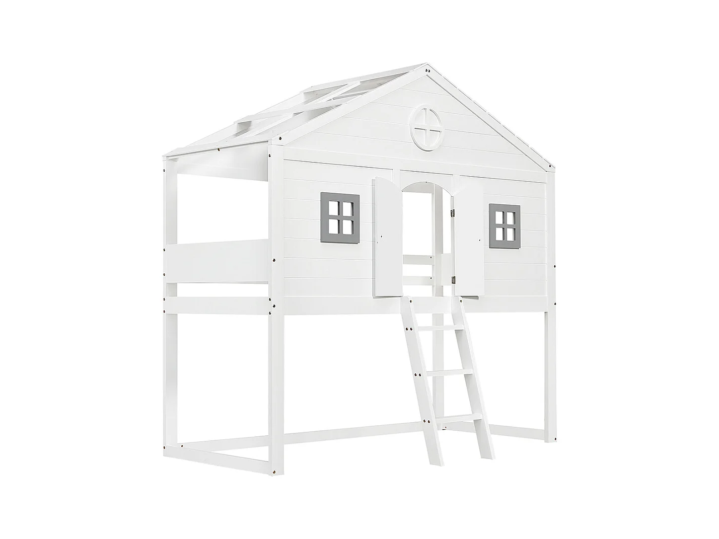 Lit mezzanine 90x200 avec escalier sécurisé barrières de protection 2 fenêtres grises lit enfant avec rangements sous le lit en pin et MDF blanc et gris