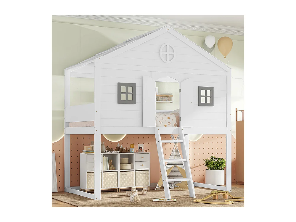 Hoogslaper 90x200 met veilige trap, veiligheidshekken, 2 grijze ramen, kinderbed met opbergruimte onder het bed van grenen en wit en grijs MDF