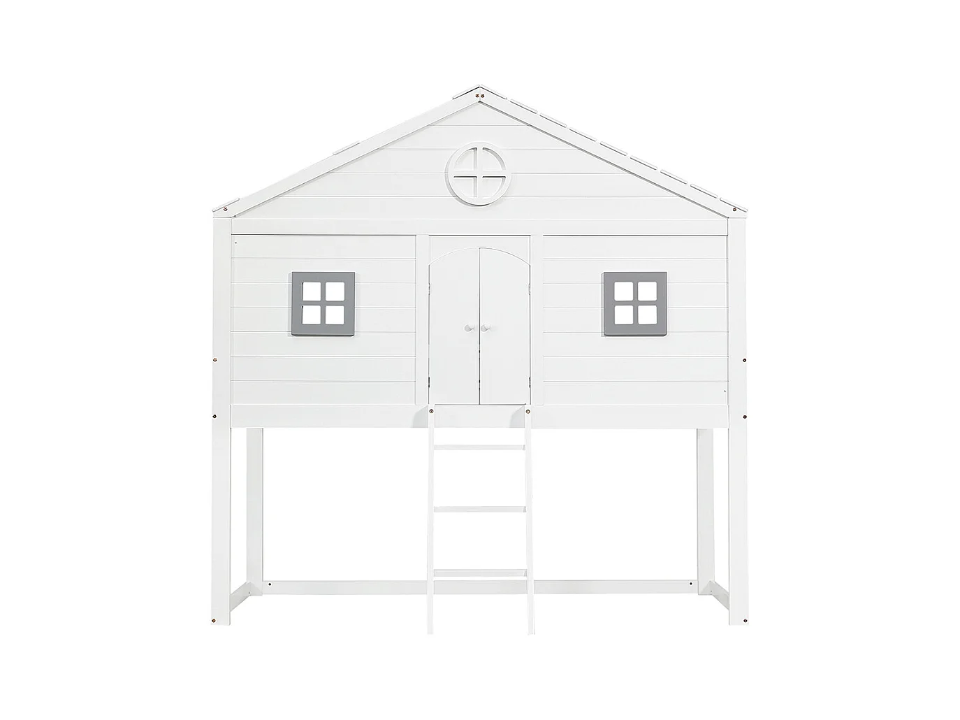 Hoogslaper 90x200 met veilige trap, veiligheidshekken, 2 grijze ramen, kinderbed met opbergruimte onder het bed van grenen en wit en grijs MDF