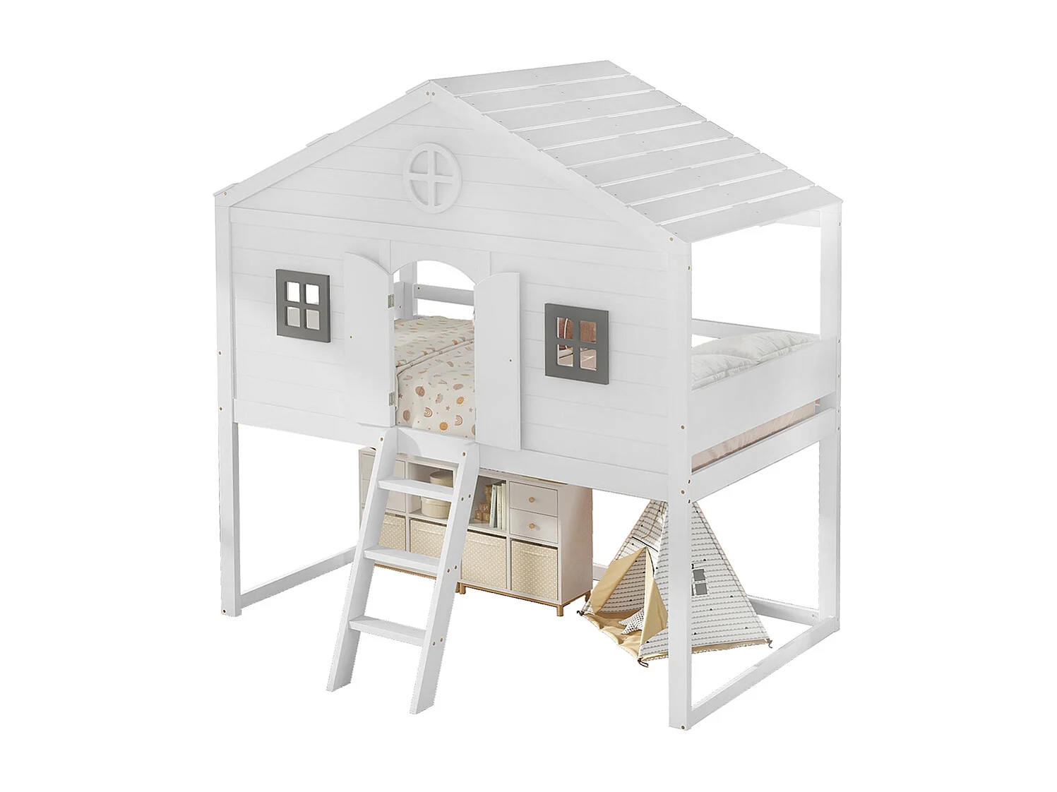 Lit mezzanine 90x200 avec escalier sécurisé barrières de protection 2 fenêtres grises lit enfant avec rangements sous le lit en pin et MDF blanc et gris