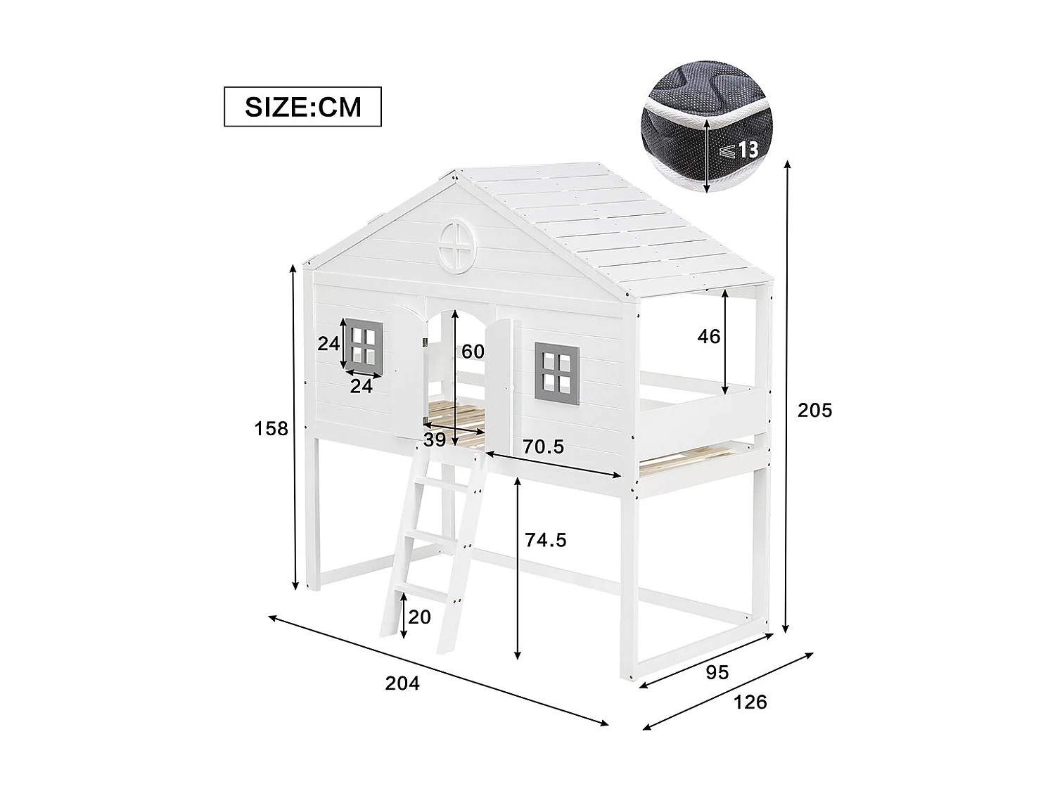 Lit mezzanine 90x200 avec escalier sécurisé barrières de protection 2 fenêtres grises lit enfant avec rangements sous le lit en pin et MDF blanc et gris