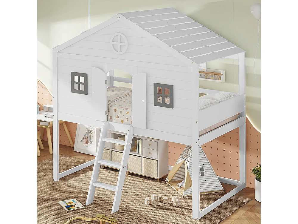 Lit mezzanine 90x200 avec escalier sécurisé barrières de protection 2 fenêtres grises lit enfant avec rangements sous le lit en pin et MDF blanc et gris