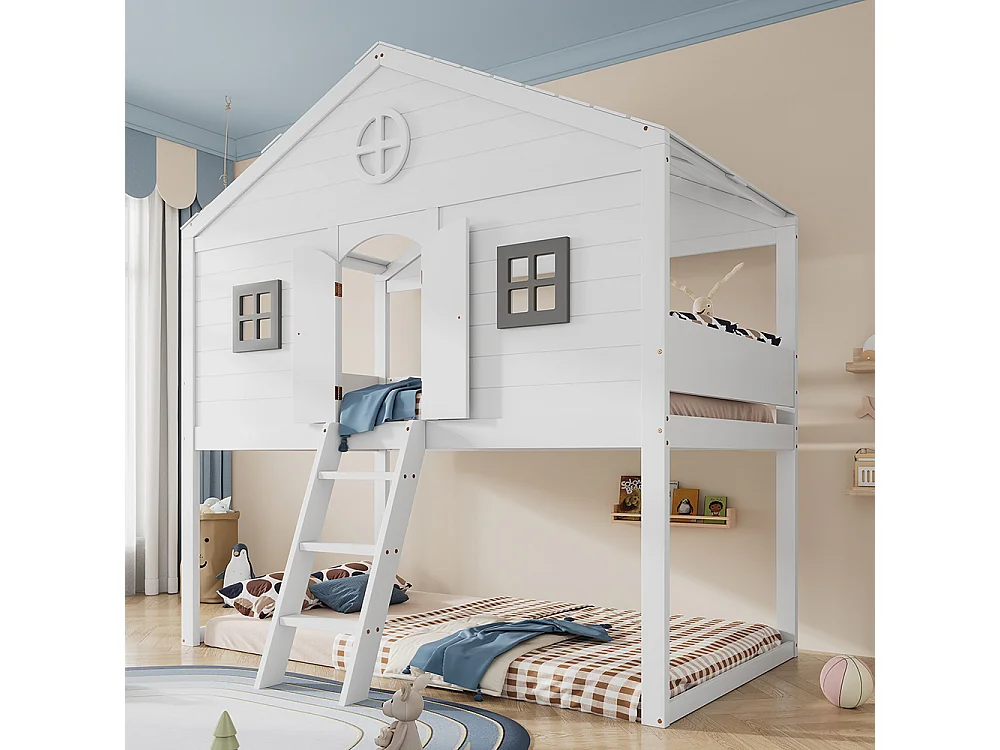 Lit mezzanine 90x200 avec escalier sécurisé barrières de protection 2 fenêtres grises lit enfant avec rangements sous le lit en pin et MDF blanc et gris
