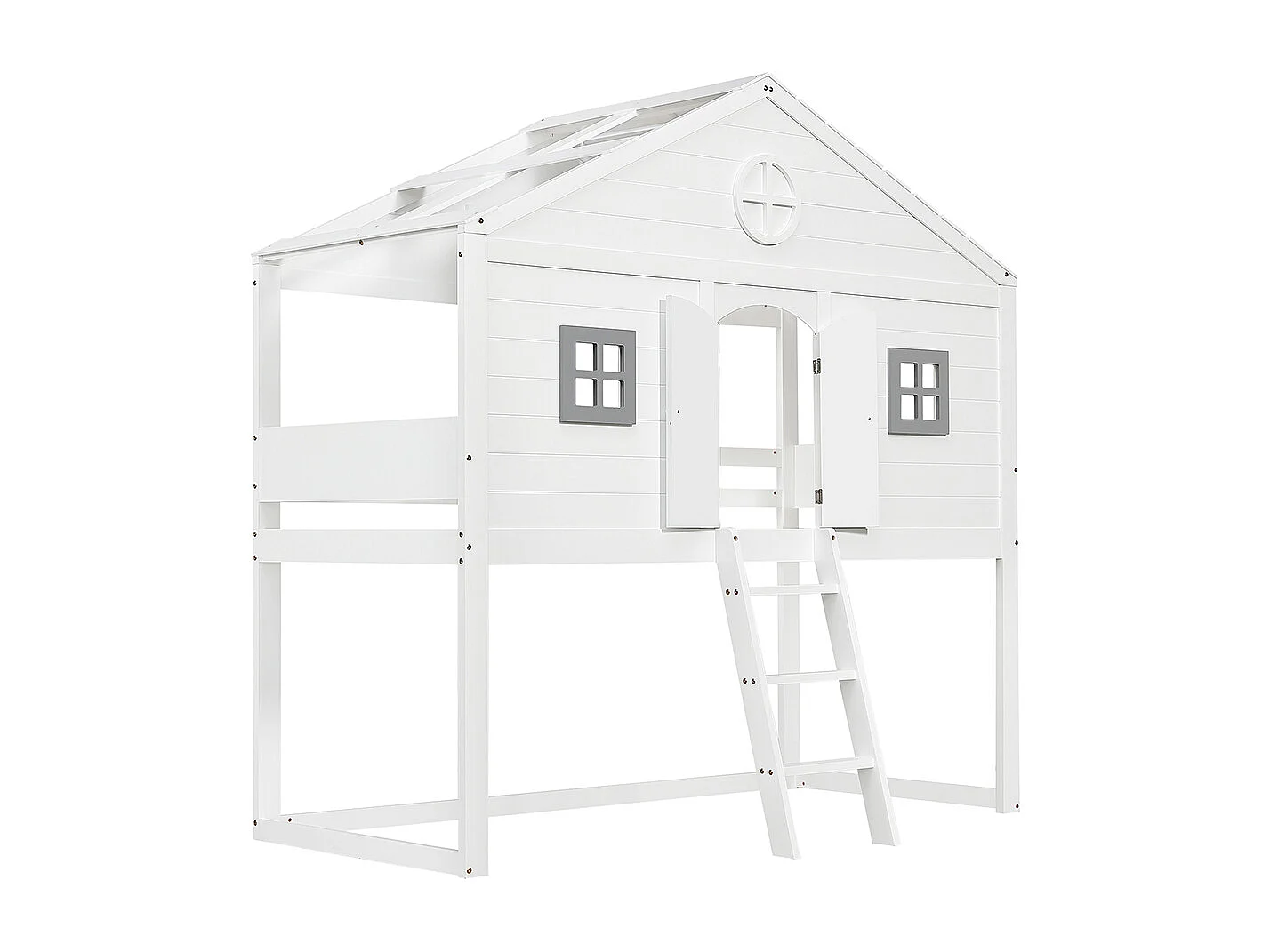Lit mezzanine 90x200 avec escalier sécurisé barrières de protection 2 fenêtres grises lit enfant avec rangements sous le lit en pin et MDF blanc et gris