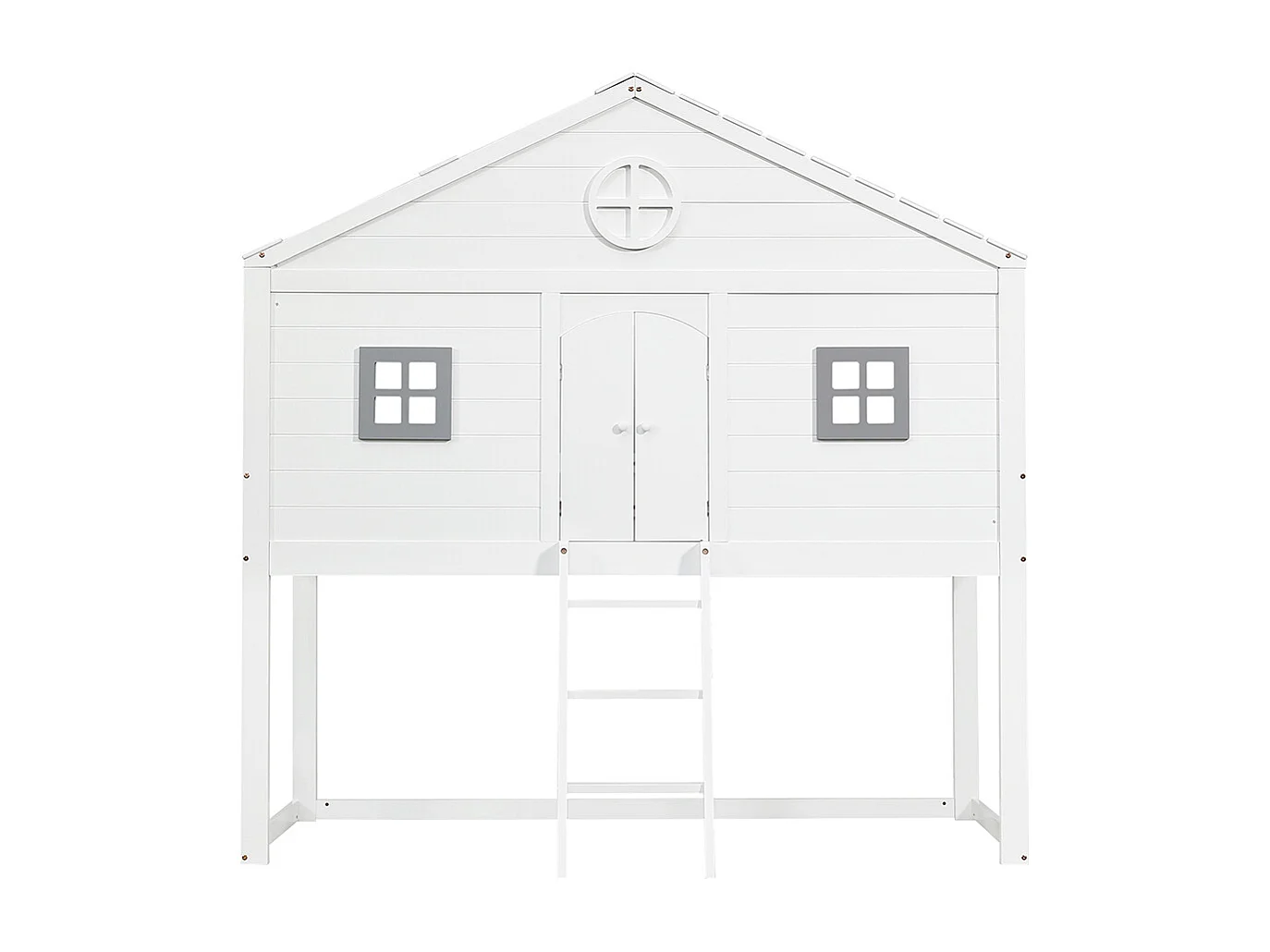 Lit mezzanine 90x200 avec escalier sécurisé barrières de protection 2 fenêtres grises lit enfant avec rangements sous le lit en pin et MDF blanc et gris