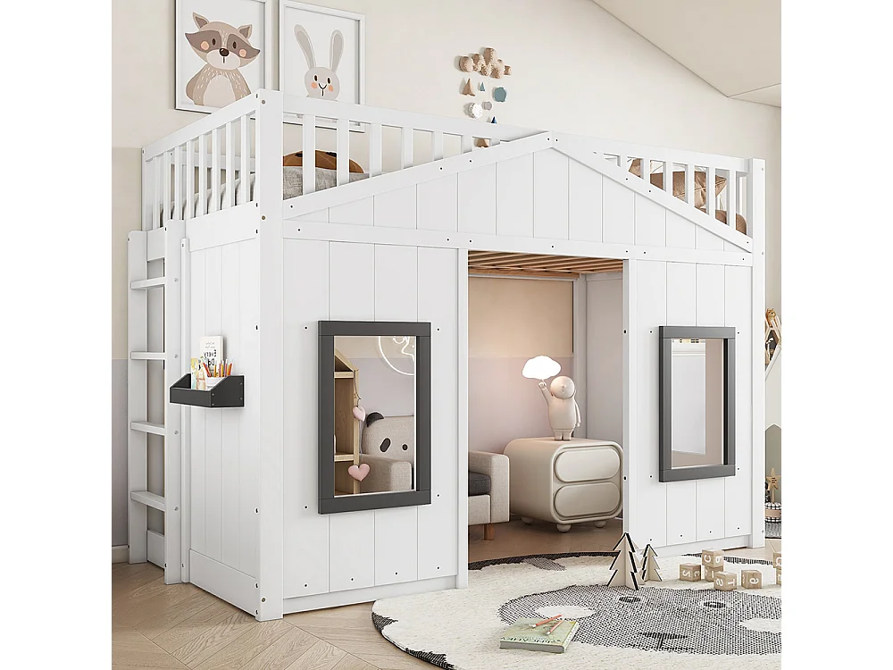 Hoogslaper 90x200 met trap, veiligheidshek en leuning kinderbed met raam onderbed van grenenhout en wit MDF