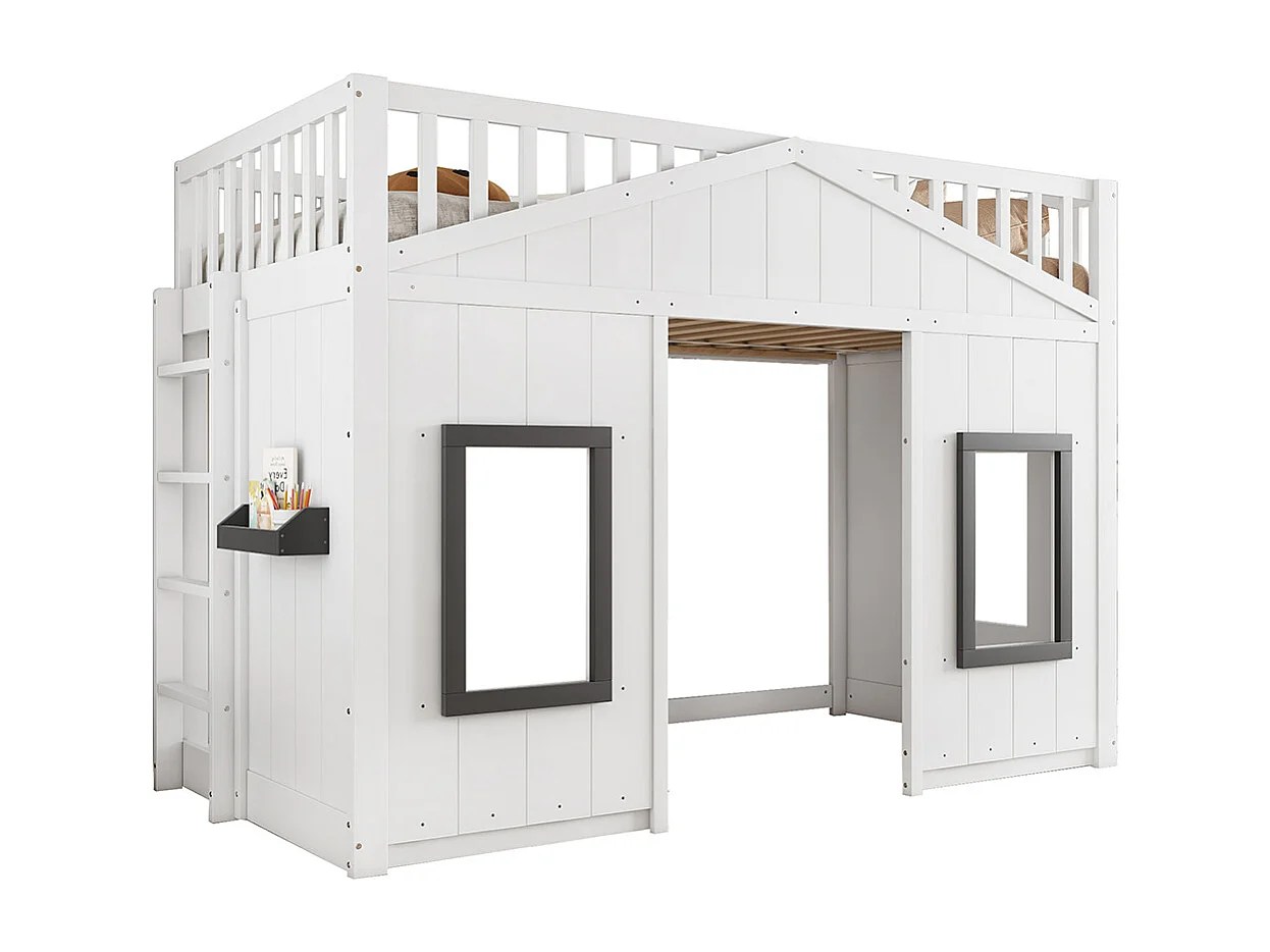 Hoogslaper 90x200 met trap, veiligheidshek en leuning kinderbed met raam onderbed van grenenhout en wit MDF