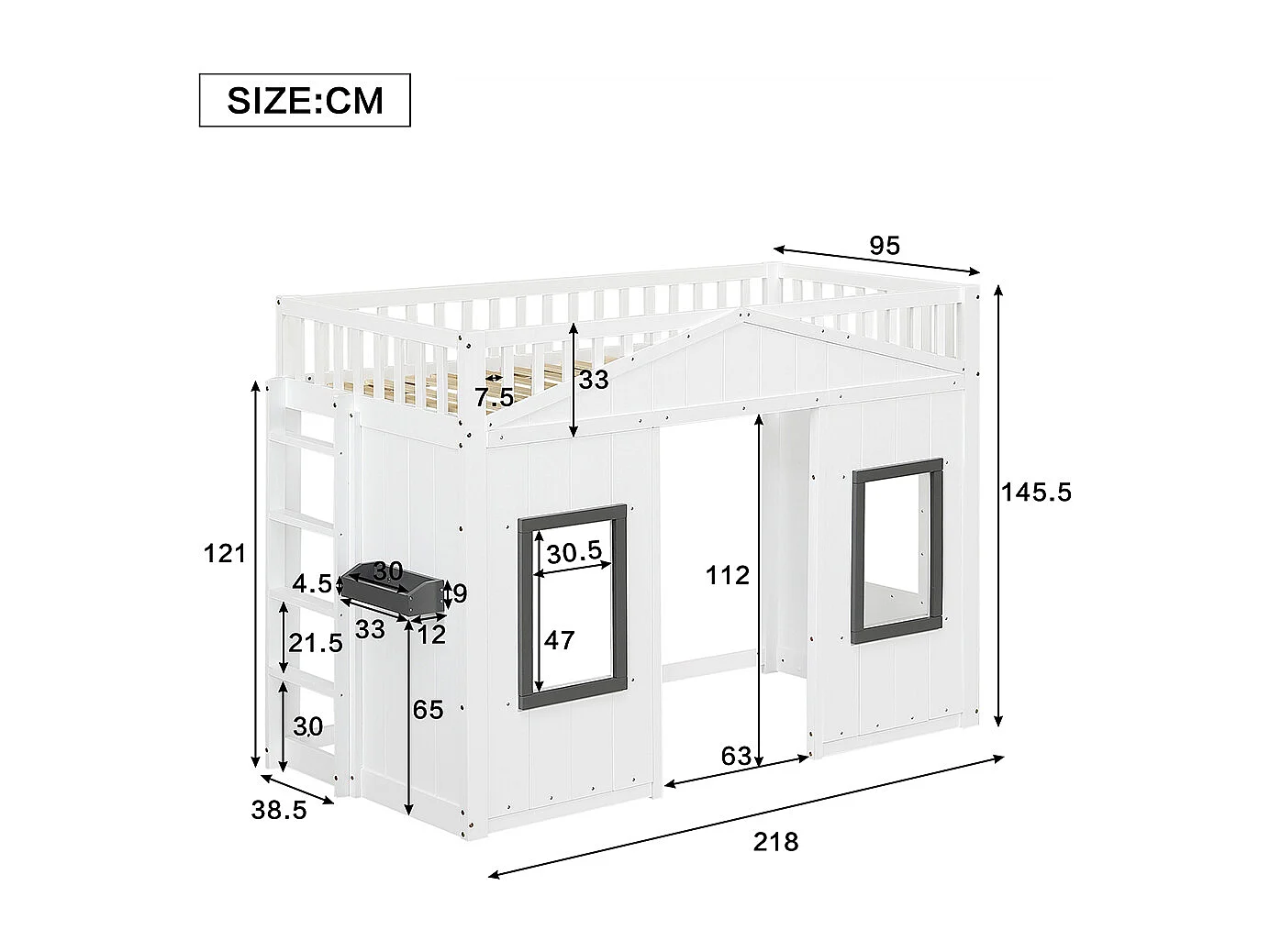Hoogslaper 90x200 met trap, veiligheidshek en leuning kinderbed met raam onderbed van grenenhout en wit MDF