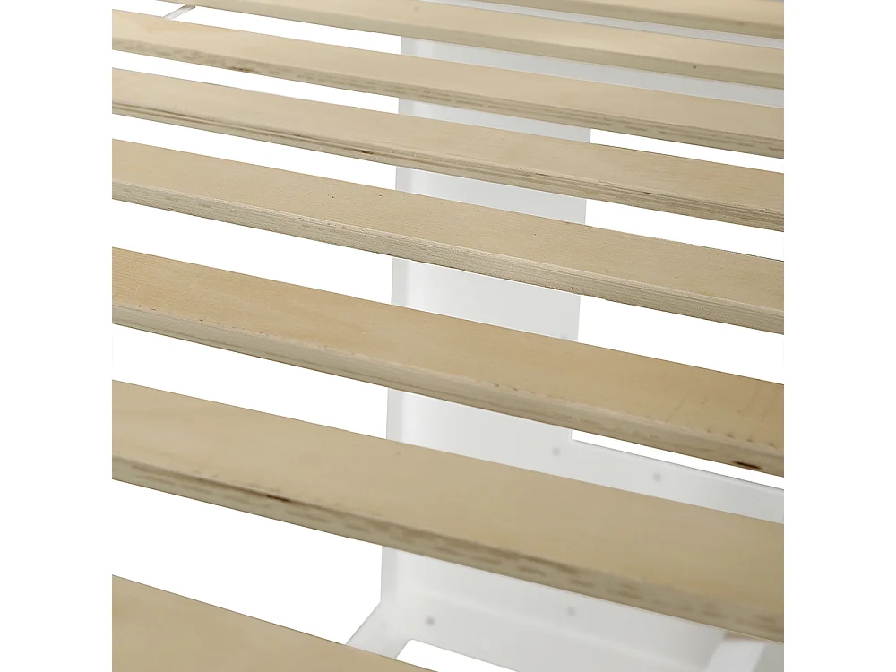 Hoogslaper 90x200 met trap, veiligheidshek en leuning kinderbed met raam onderbed van grenenhout en wit MDF