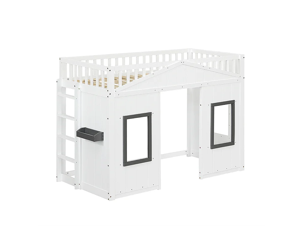 Hoogslaper 90x200 met trap, veiligheidshek en leuning kinderbed met raam onderbed van grenenhout en wit MDF