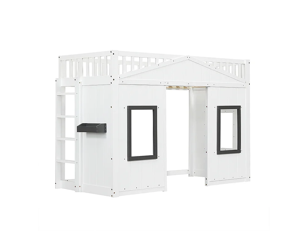 Hoogslaper 90x200 met trap, veiligheidshek en leuning kinderbed met raam onderbed van grenenhout en wit MDF