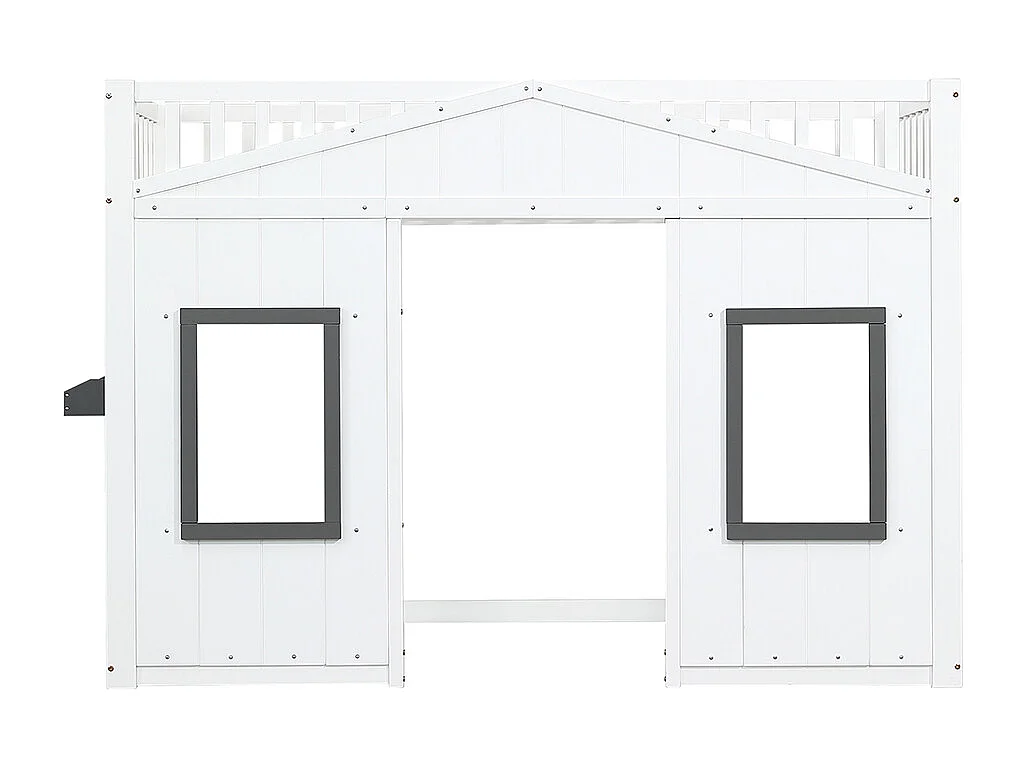 Hoogslaper 90x200 met trap, veiligheidshek en leuning kinderbed met raam onderbed van grenenhout en wit MDF