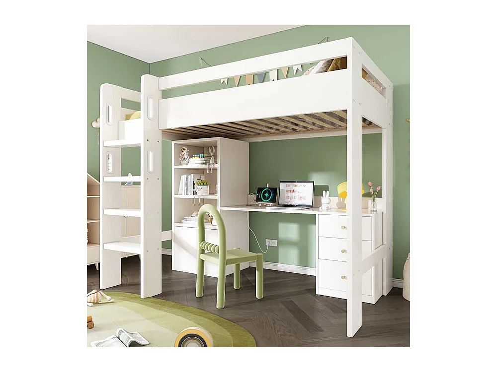 Lit mezzanine 90x200 pour enfants avec bureau port USB-C armoire et classeur lit une place pour adolescents avec escalier blanc