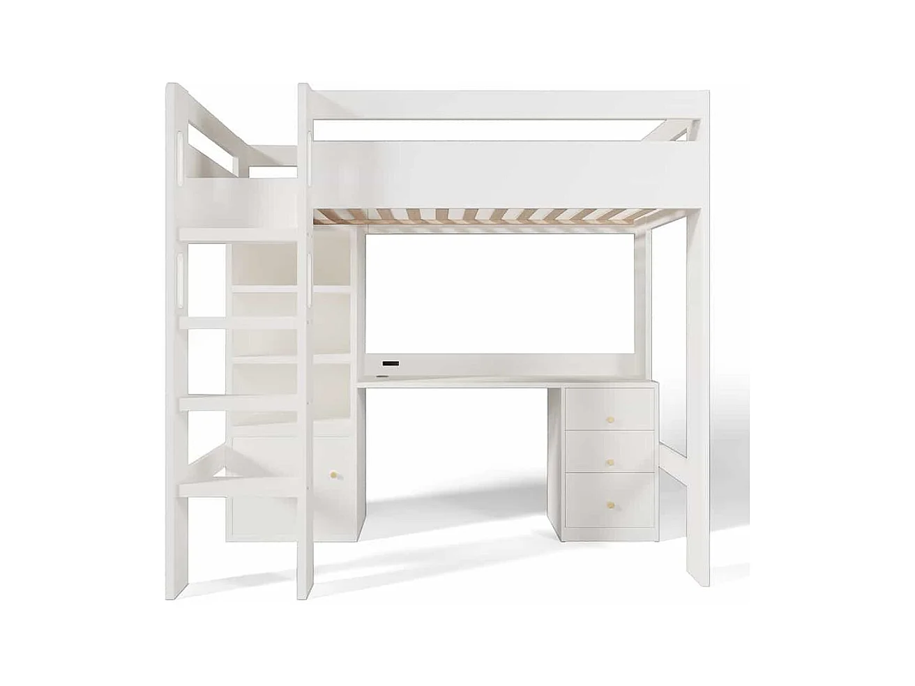 Lit mezzanine 90x200 pour enfants avec bureau port USB-C armoire et classeur lit une place pour adolescents avec escalier blanc