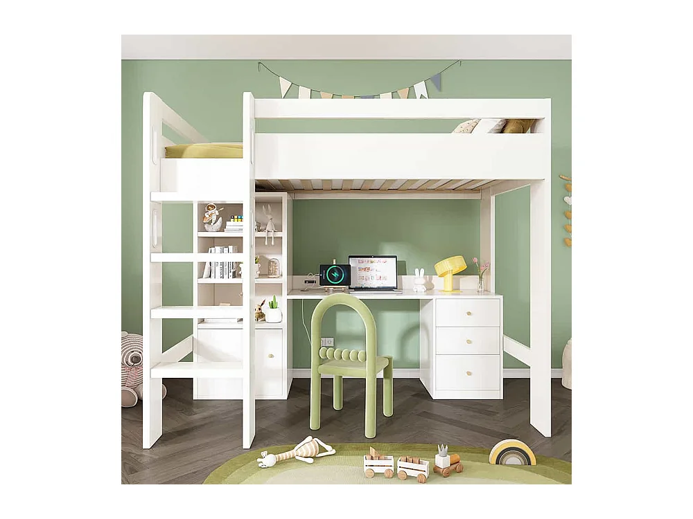 Lit mezzanine 90x200 pour enfants avec bureau port USB-C armoire et classeur lit une place pour adolescents avec escalier blanc