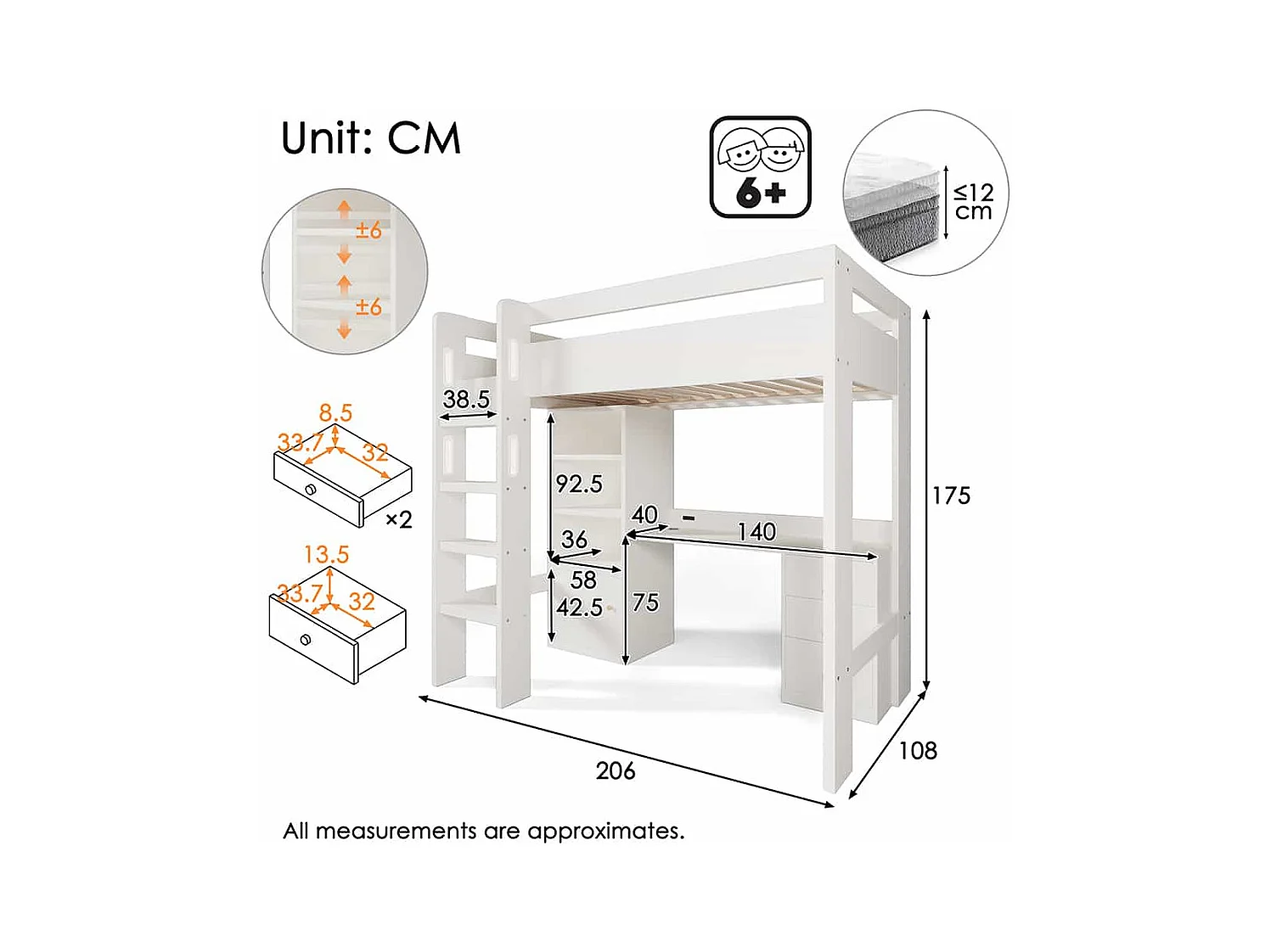 Lit mezzanine 90x200 pour enfants avec bureau port USB-C armoire et classeur lit une place pour adolescents avec escalier blanc