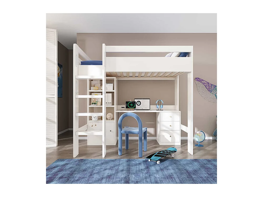 Lit mezzanine 90x200 pour enfants avec bureau port USB-C armoire et classeur lit une place pour adolescents avec escalier blanc