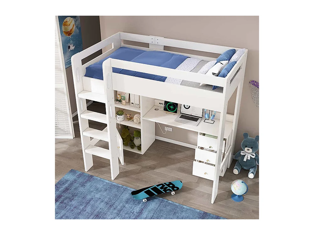 Lit mezzanine 90x200 pour enfants avec bureau port USB-C armoire et classeur lit une place pour adolescents avec escalier blanc