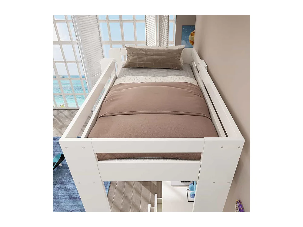 Lit mezzanine 90x200 pour enfants avec bureau port USB-C armoire et classeur lit une place pour adolescents avec escalier blanc