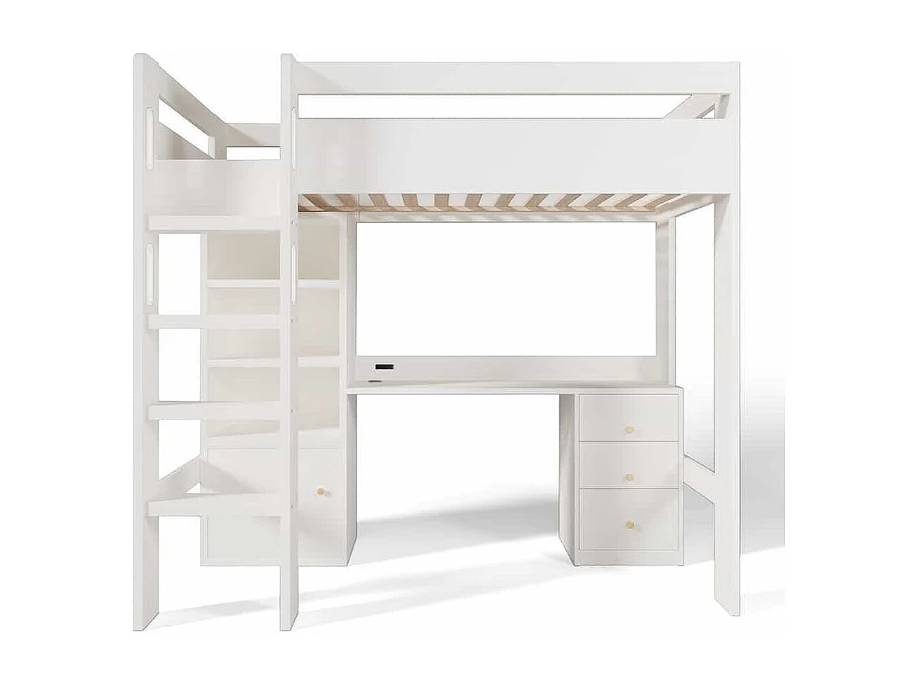 Lit mezzanine 90x200 pour enfants avec bureau port USB-C armoire et classeur lit une place pour adolescents avec escalier blanc
