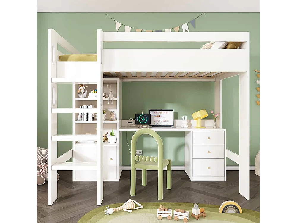 Lit mezzanine 90x200 pour enfants avec bureau port USB-C armoire et classeur lit une place pour adolescents avec escalier blanc
