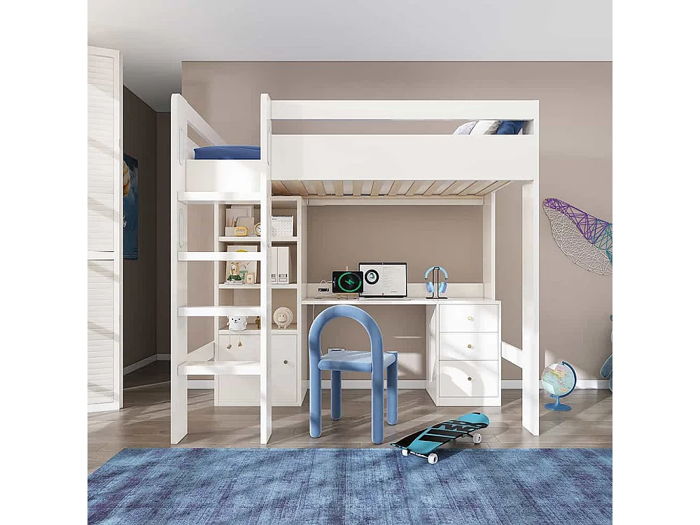Lit mezzanine 90x200 pour enfants avec bureau port USB-C armoire et classeur lit une place pour adolescents avec escalier blanc