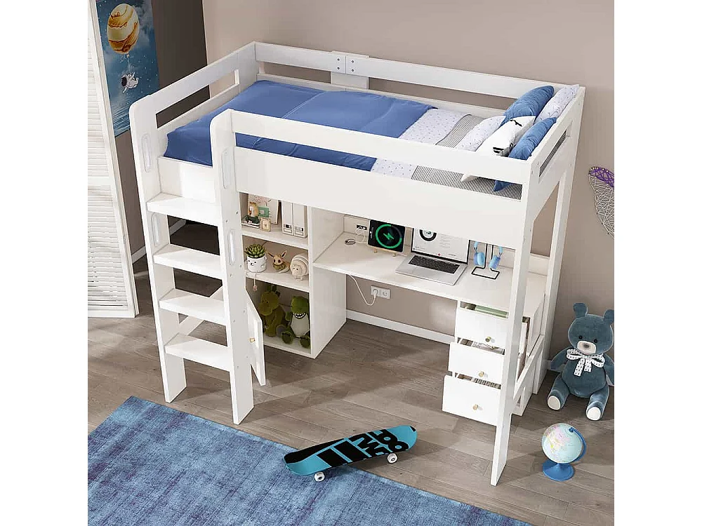 Lit mezzanine 90x200 pour enfants avec bureau port USB-C armoire et classeur lit une place pour adolescents avec escalier blanc