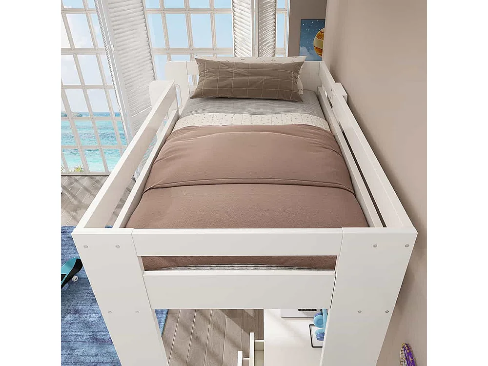 Lit mezzanine 90x200 pour enfants avec bureau port USB-C armoire et classeur lit une place pour adolescents avec escalier blanc