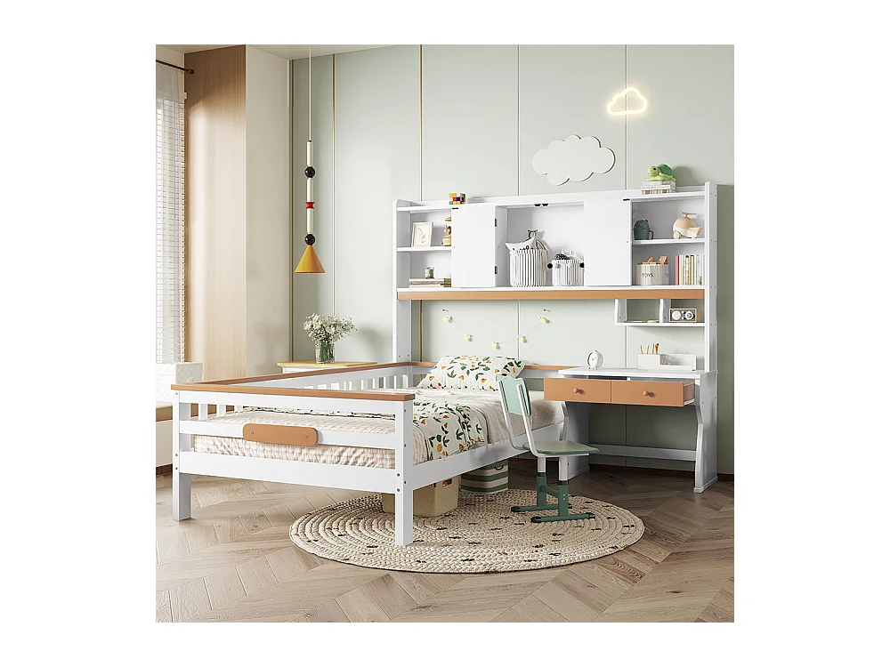 Combinatiebed 90x200, kinderbed met opbergkast, bureau en lades met veiligheidsplaat en lattenbodem, L-vormig frame van grenen en wit en naturel MDF