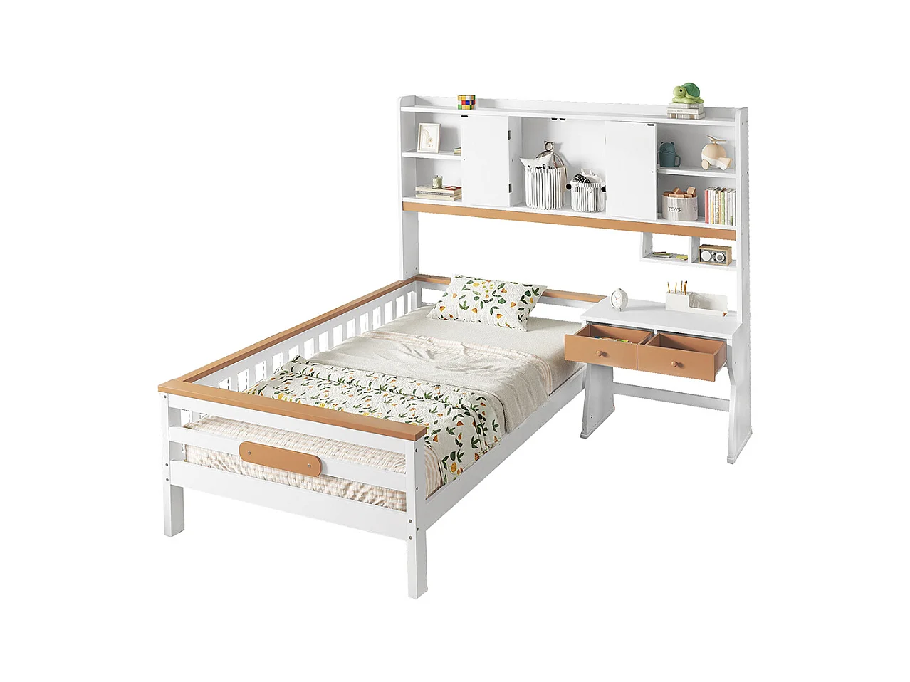 Combinatiebed 90x200, kinderbed met opbergkast, bureau en lades met veiligheidsplaat en lattenbodem, L-vormig frame van grenen en wit en naturel MDF