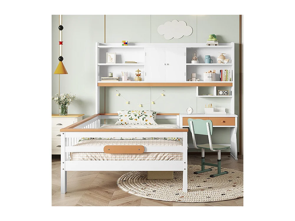 Combinatiebed 90x200, kinderbed met opbergkast, bureau en lades met veiligheidsplaat en lattenbodem, L-vormig frame van grenen en wit en naturel MDF